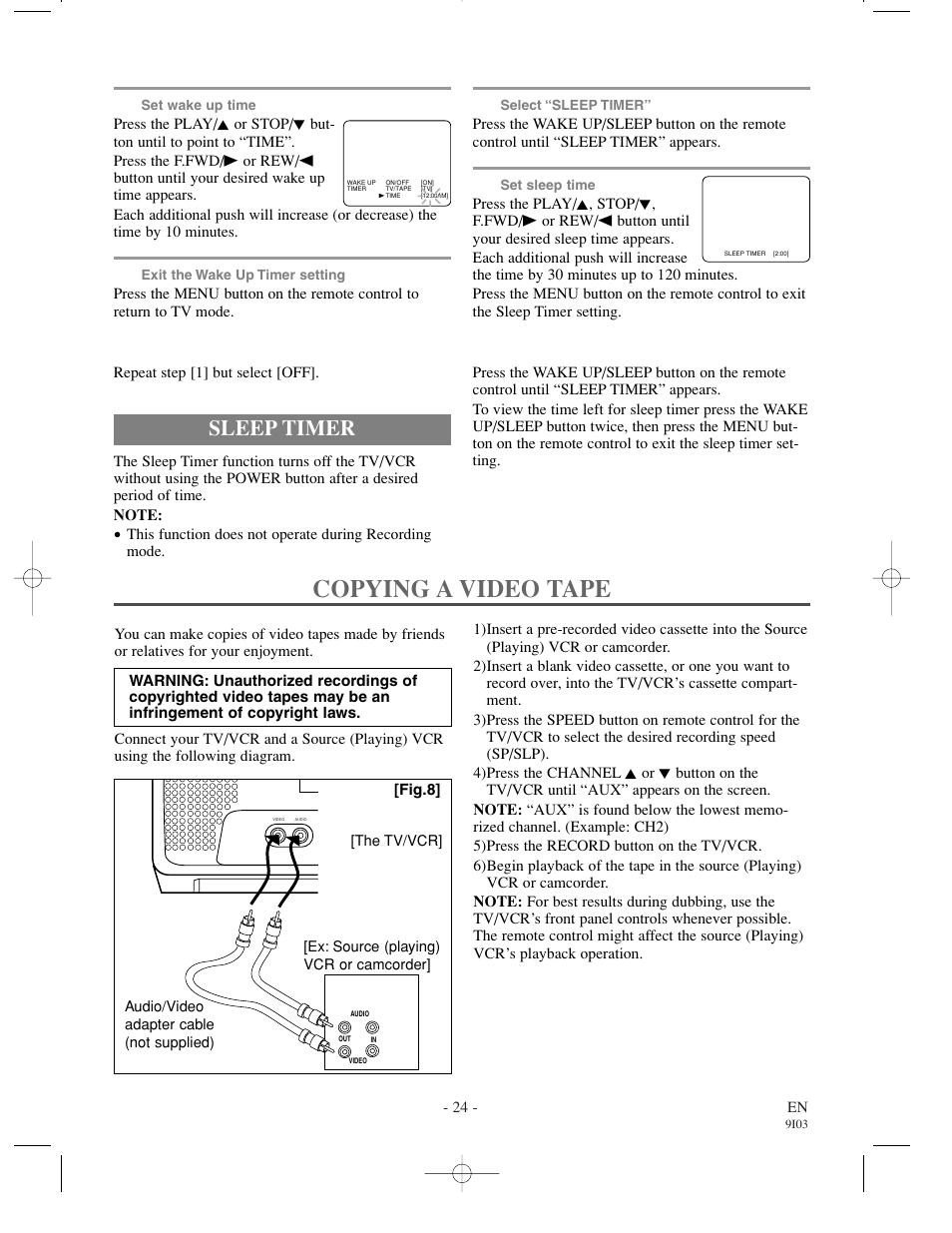 Copying a video tape, Sleep timer | Symphonic WF0213C User Manual | Page 24 / 32