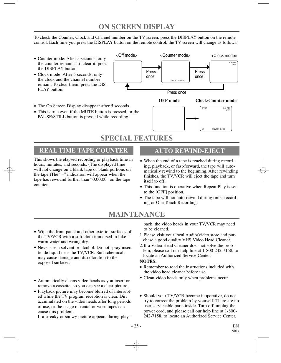 Maintenance, On screen display, Special features | Real time tape counter, Auto rewind-eject | Symphonic WF0213C User Manual | Page 25 / 32