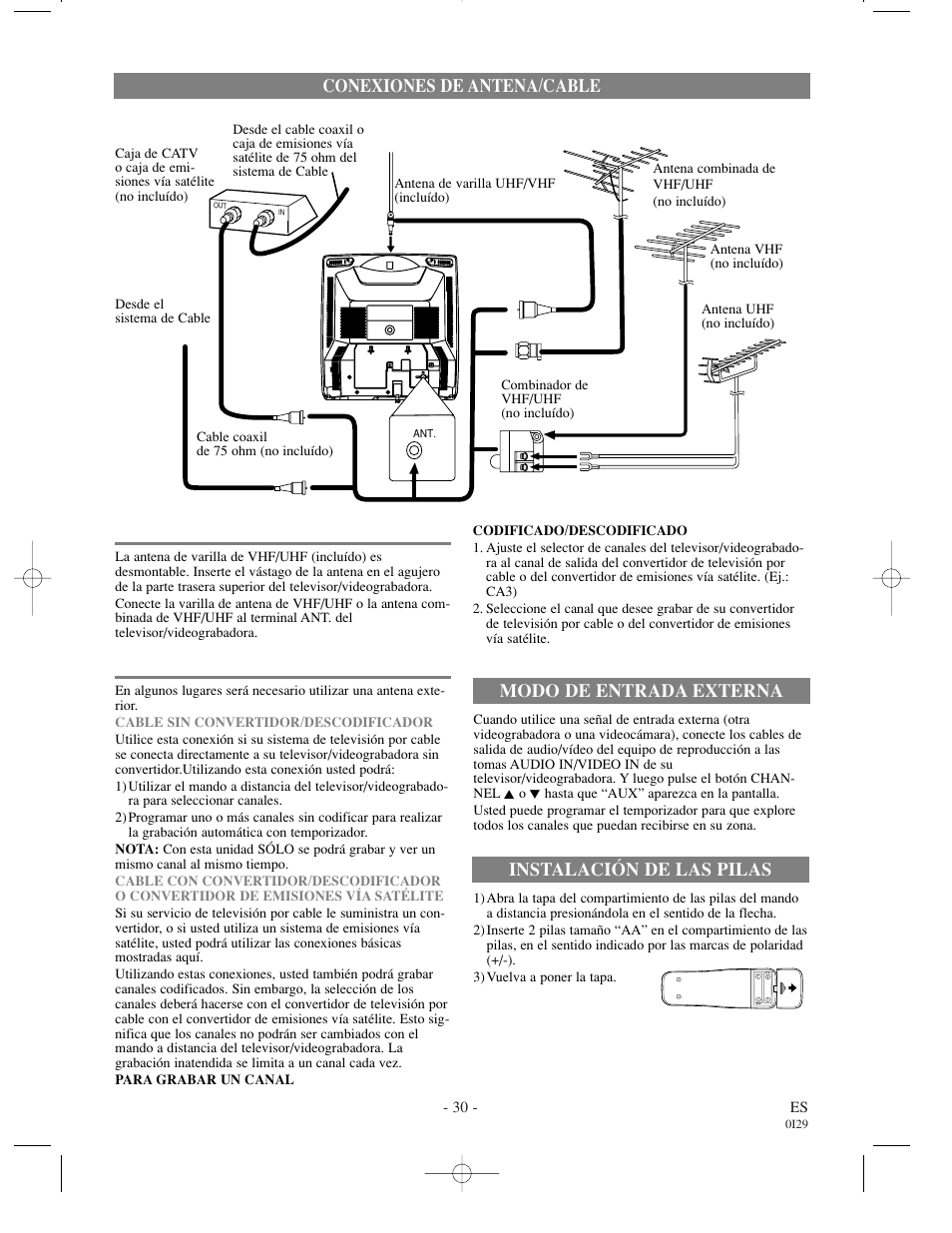 Conexiones de antena/cable, Modo de entrada externa, Instalación de las pilas | Symphonic WF0213C User Manual | Page 30 / 32