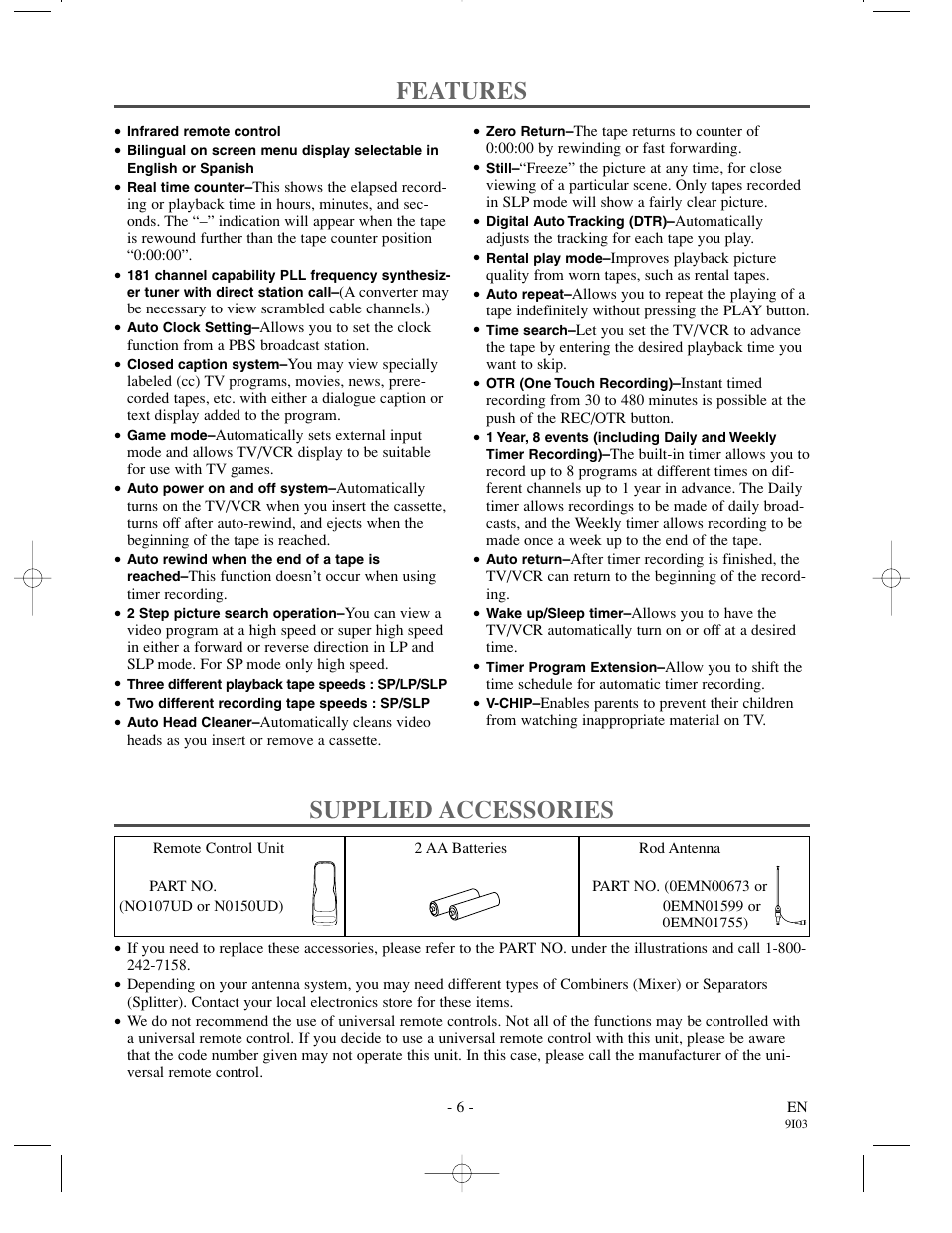 Features, Supplied accessories | Symphonic WF0213C User Manual | Page 6 / 32