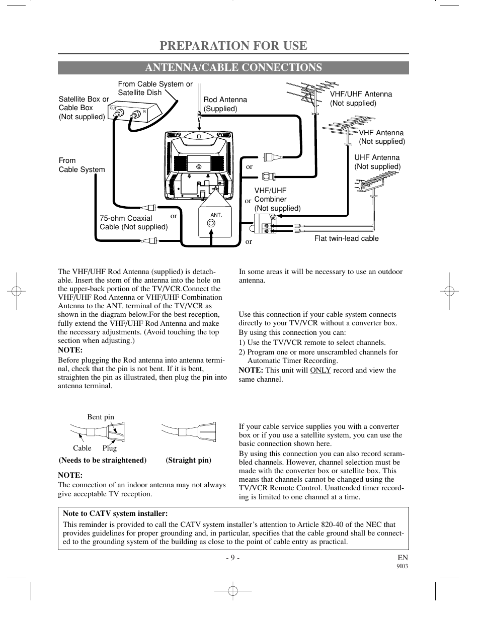 Preparation for use, Antenna/cable connections | Symphonic WF0213C User Manual | Page 9 / 32