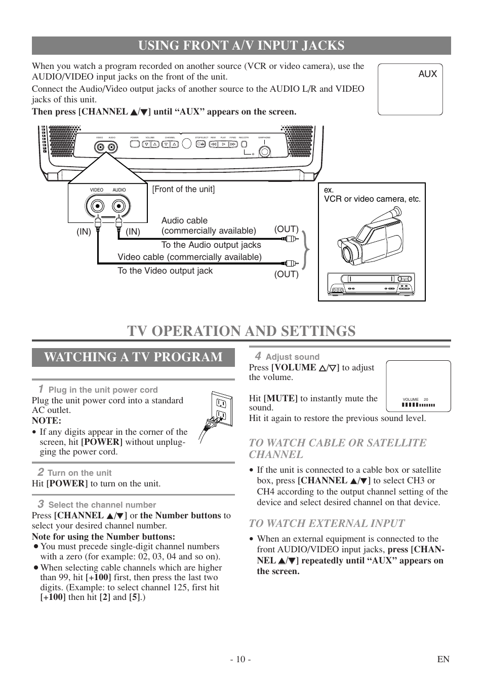 Tv operation and settings, Using front a/v input jacks, Watching a tv program | Symphonic SC313E User Manual | Page 10 / 32