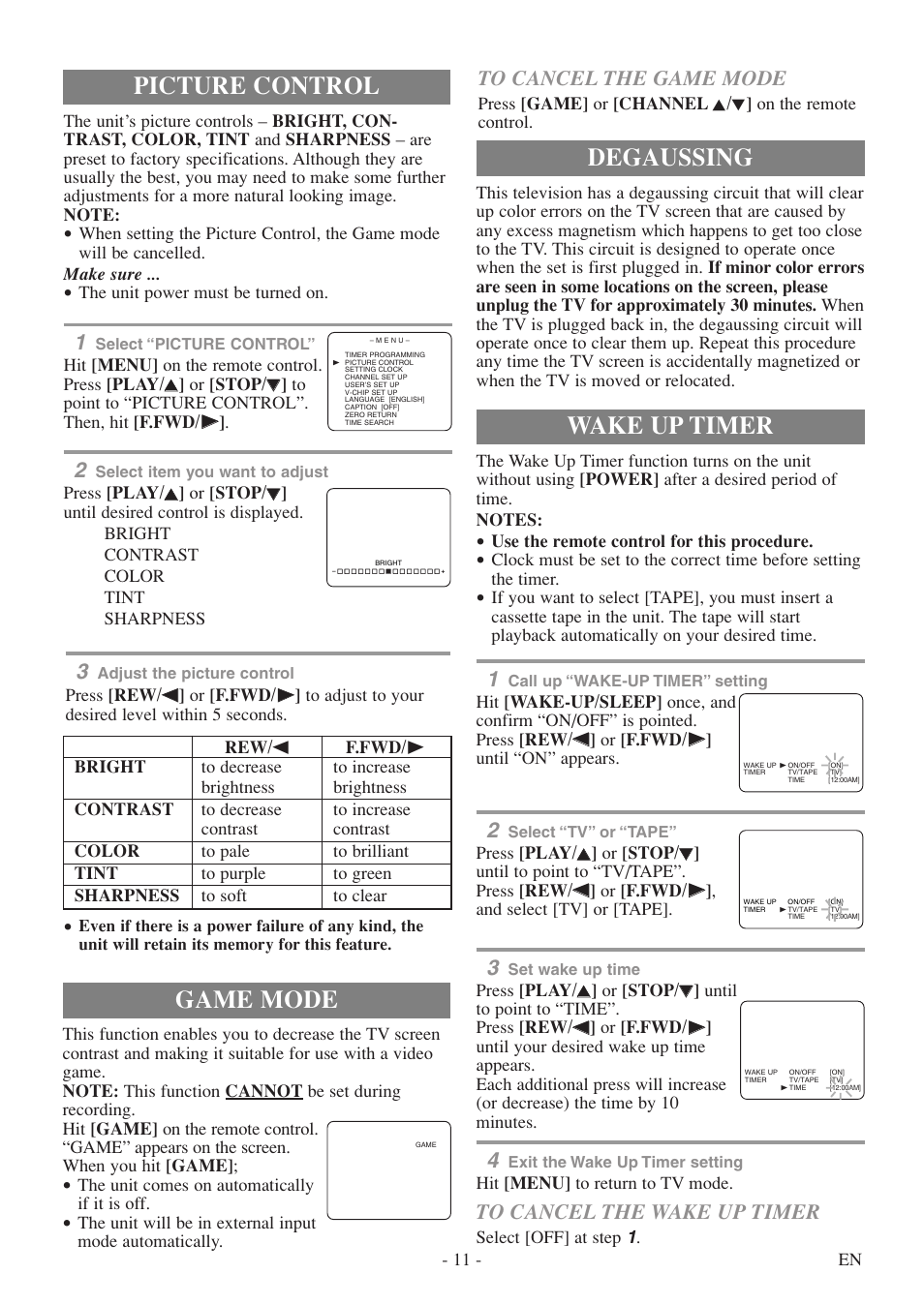 Degaussing, Picture control, Game mode | Wake up timer | Symphonic SC313E User Manual | Page 11 / 32