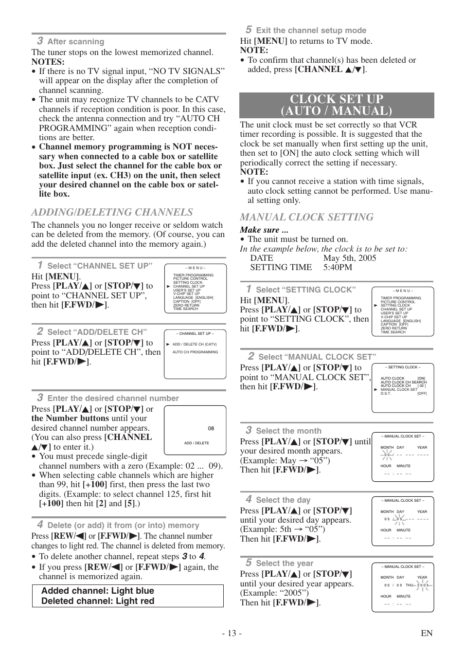 Clock set up (auto / manual), Adding/deleting channels, Manual clock setting | Symphonic SC313E User Manual | Page 13 / 32