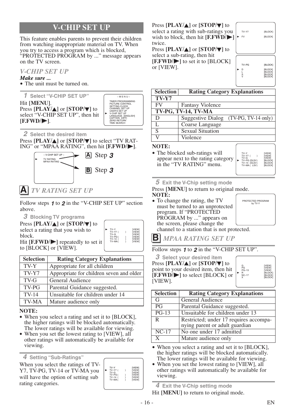 Mpaa rating set up, V-chip set up, Tv rating set up | Step 3, Follow steps 1 to 2 in the “v-chip set up, Make sure, The unit must be turned on | Symphonic SC313E User Manual | Page 16 / 32