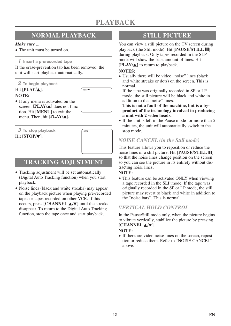 Playback, Normal playback, Tracking adjustment | Still picture | Symphonic SC313E User Manual | Page 18 / 32
