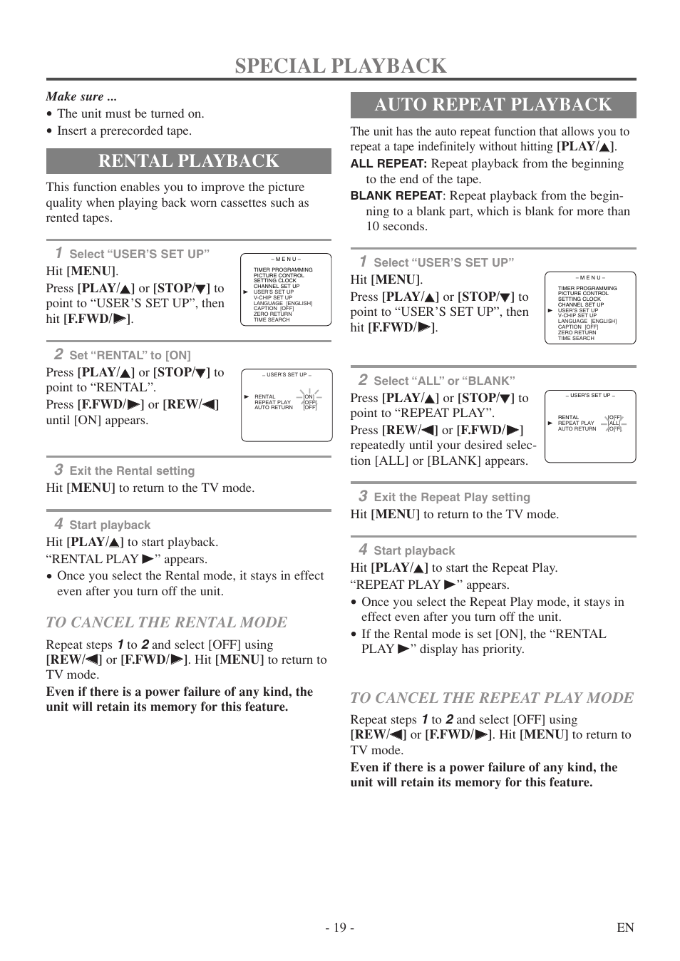 Special playback, Rental playback, Auto repeat playback | Symphonic SC313E User Manual | Page 19 / 32