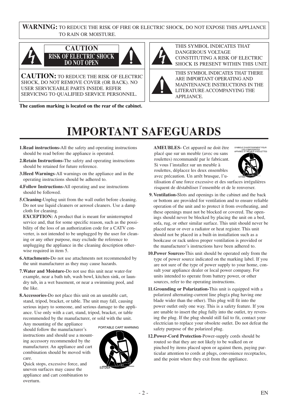 Important safeguards, Caution, Caution risk of electric shock do not open | Warning | Symphonic SC313E User Manual | Page 2 / 32