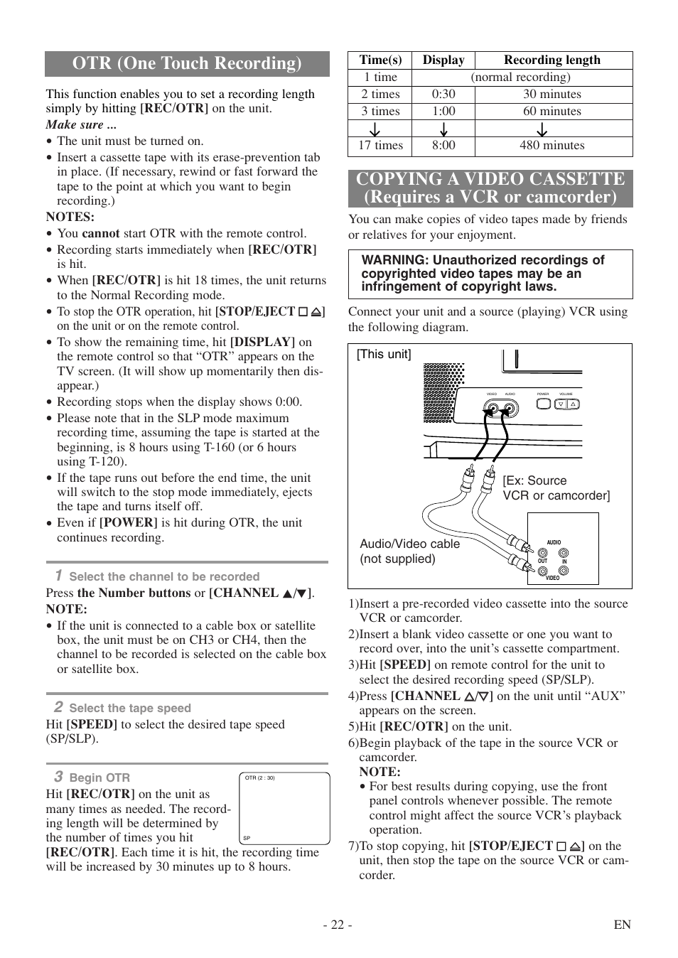 Otr (one touch recording) | Symphonic SC313E User Manual | Page 22 / 32