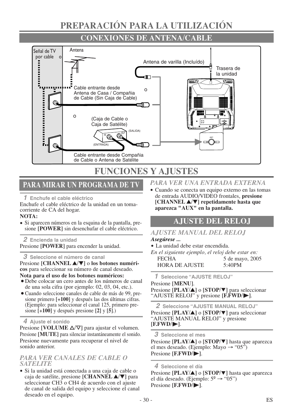 Funciones y ajustes, Preparación para la utilización, Para mirar un programa de tv | Ajuste del reloj, Conexiones de antena/cable, Para ver canales de cable o satelite, Para ver una entrada externa, Ajuste manual del reloj | Symphonic SC313E User Manual | Page 30 / 32