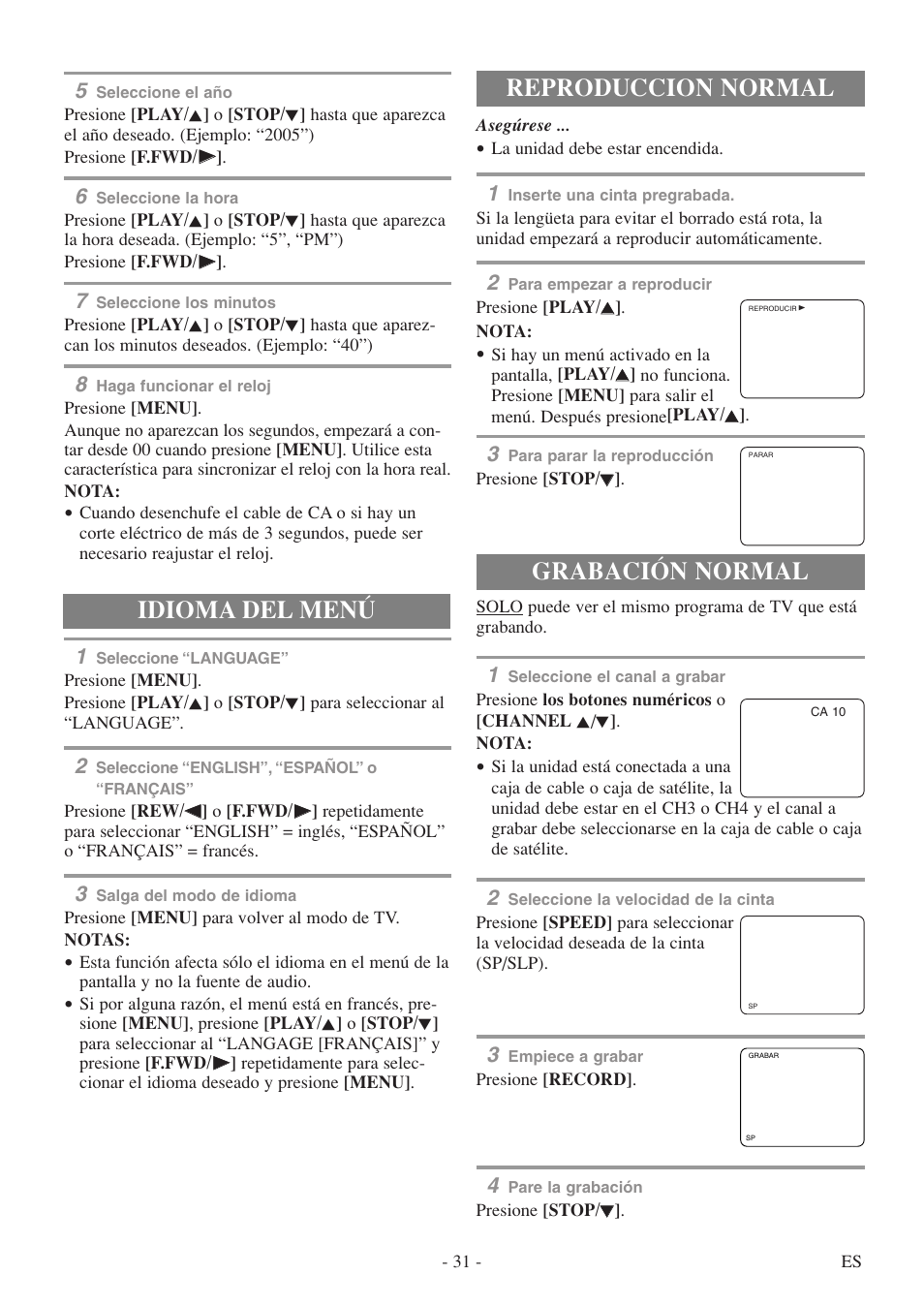 Reproduccion normal, Grabación normal, Idioma del menú | Symphonic SC313E User Manual | Page 31 / 32