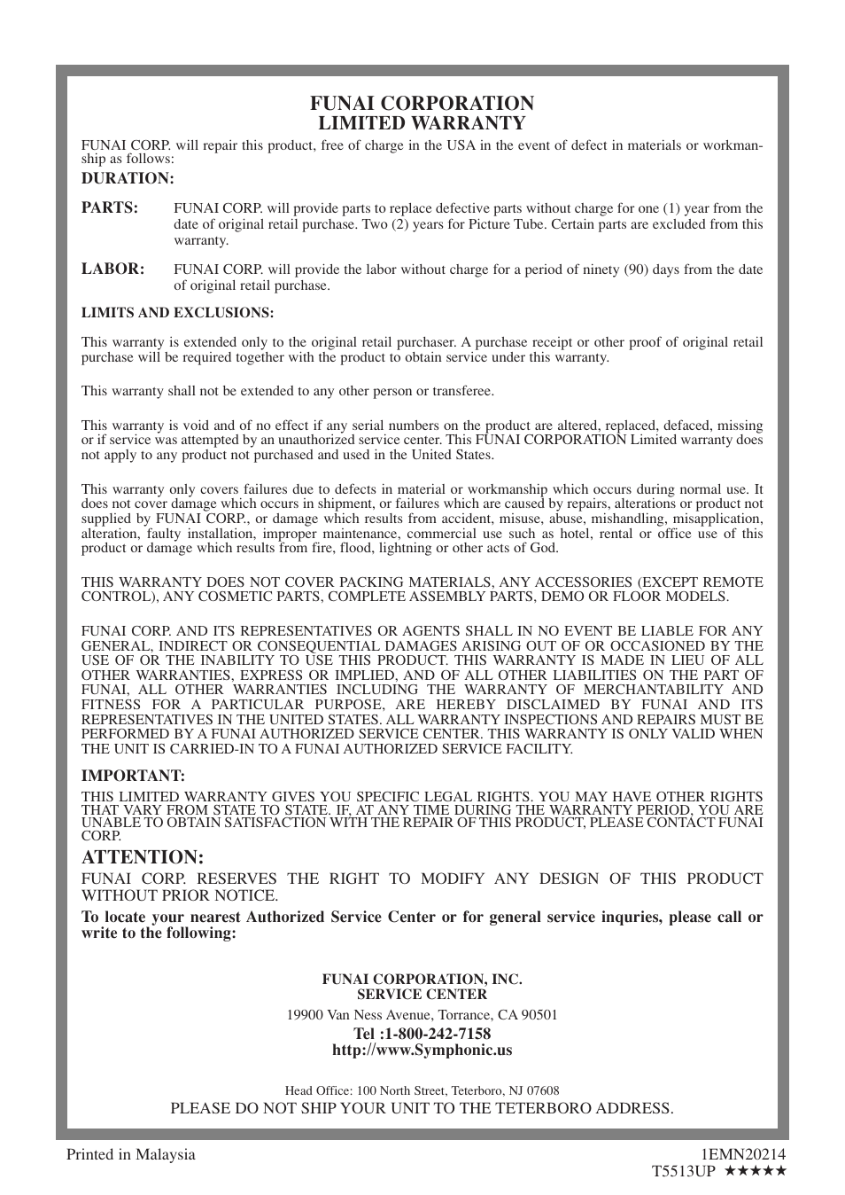 Funai corporation, Limited warranty, Attention | Symphonic SC313E User Manual | Page 32 / 32
