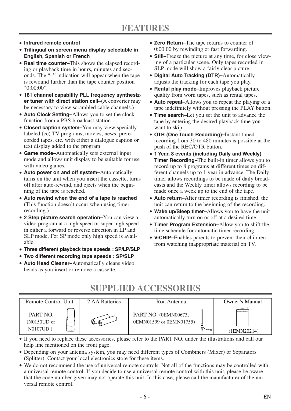 Features, Supplied accessories | Symphonic SC313E User Manual | Page 6 / 32