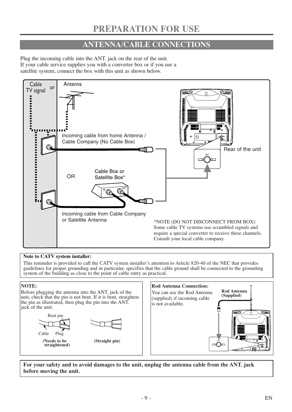 Preparation for use, Antenna/cable connections, Cable tv signal antenna or | Symphonic SC313E User Manual | Page 9 / 32