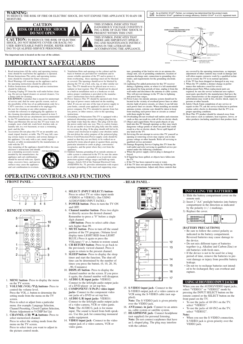 Important safeguards, Operating controls and functions, Warning | Caution, Caution risk of electric shock do not open, Menu, 100 ch tv, Rear panel, Installing the batteries, Using audio/video input jacks | Symphonic STL1504 User Manual | Page 2 / 4