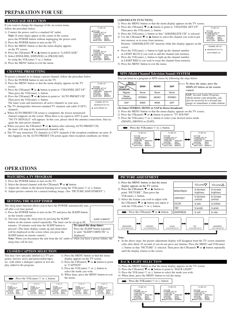 Preparation for use, Operations, Picture adjustment back light selection | Language selection, Channel presetting, Mts (multi-channel television sound) system, Watching a tv program, Setting the sleep timer, Closed caption selection | Symphonic STL1504 User Manual | Page 3 / 4