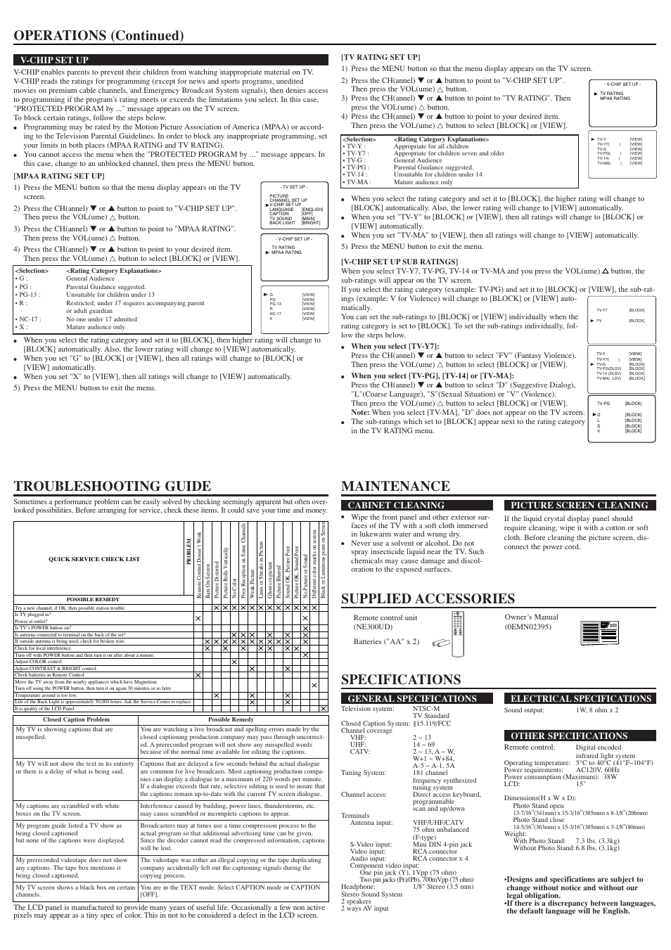 Operations (continued), General specifications, Electrical specifications | Other specifications, Cabinet cleaning, Picture screen cleaning, V-chip set up | Symphonic STL1504 User Manual | Page 4 / 4