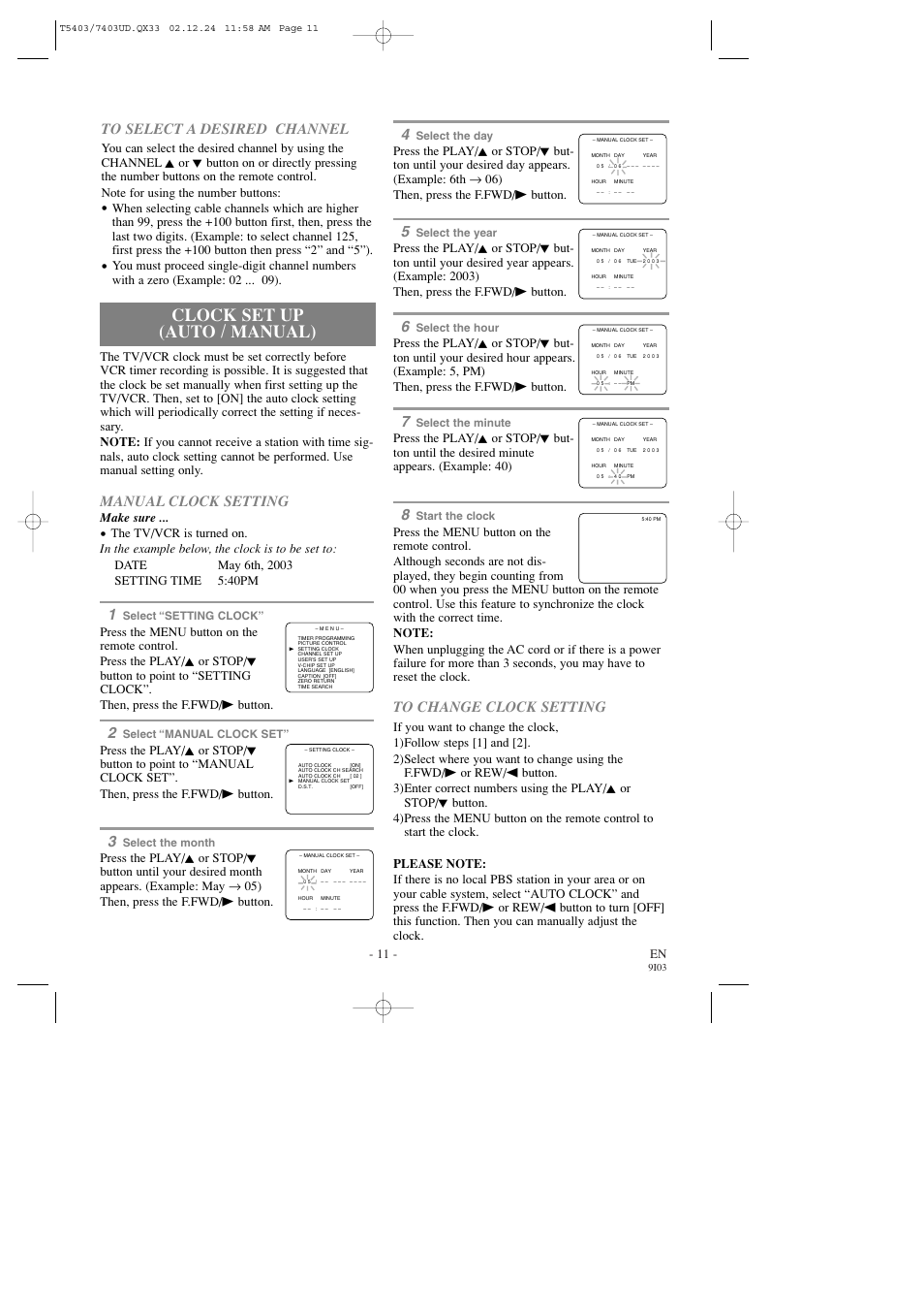 Clock set up (auto / manual), Manual clock setting, 11 - en | Make sure | Symphonic SC1303 User Manual | Page 11 / 32