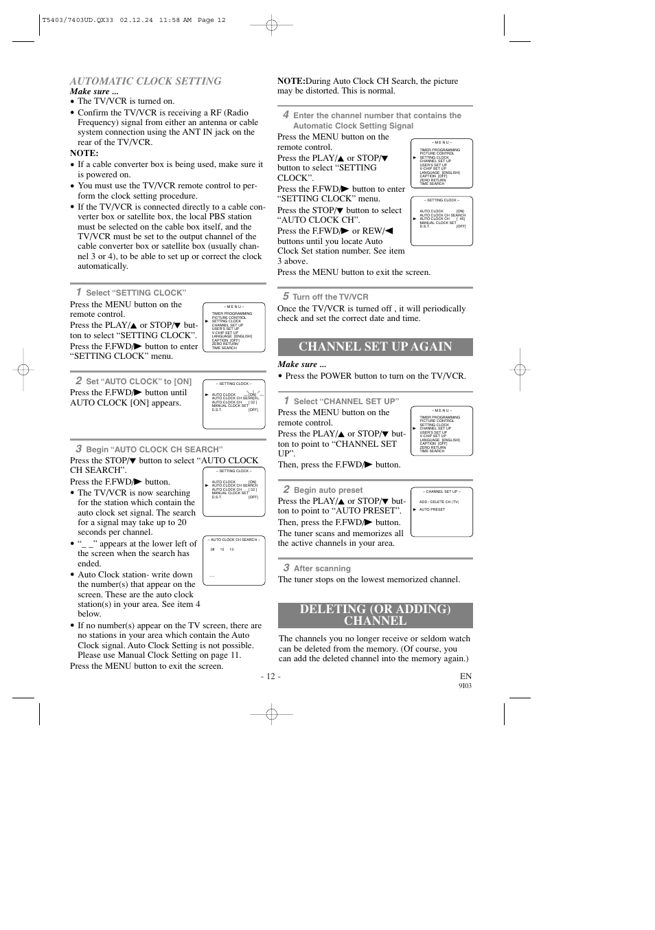 Deleting (or adding) channel channel set up again, Automatic clock setting | Symphonic SC1303 User Manual | Page 12 / 32