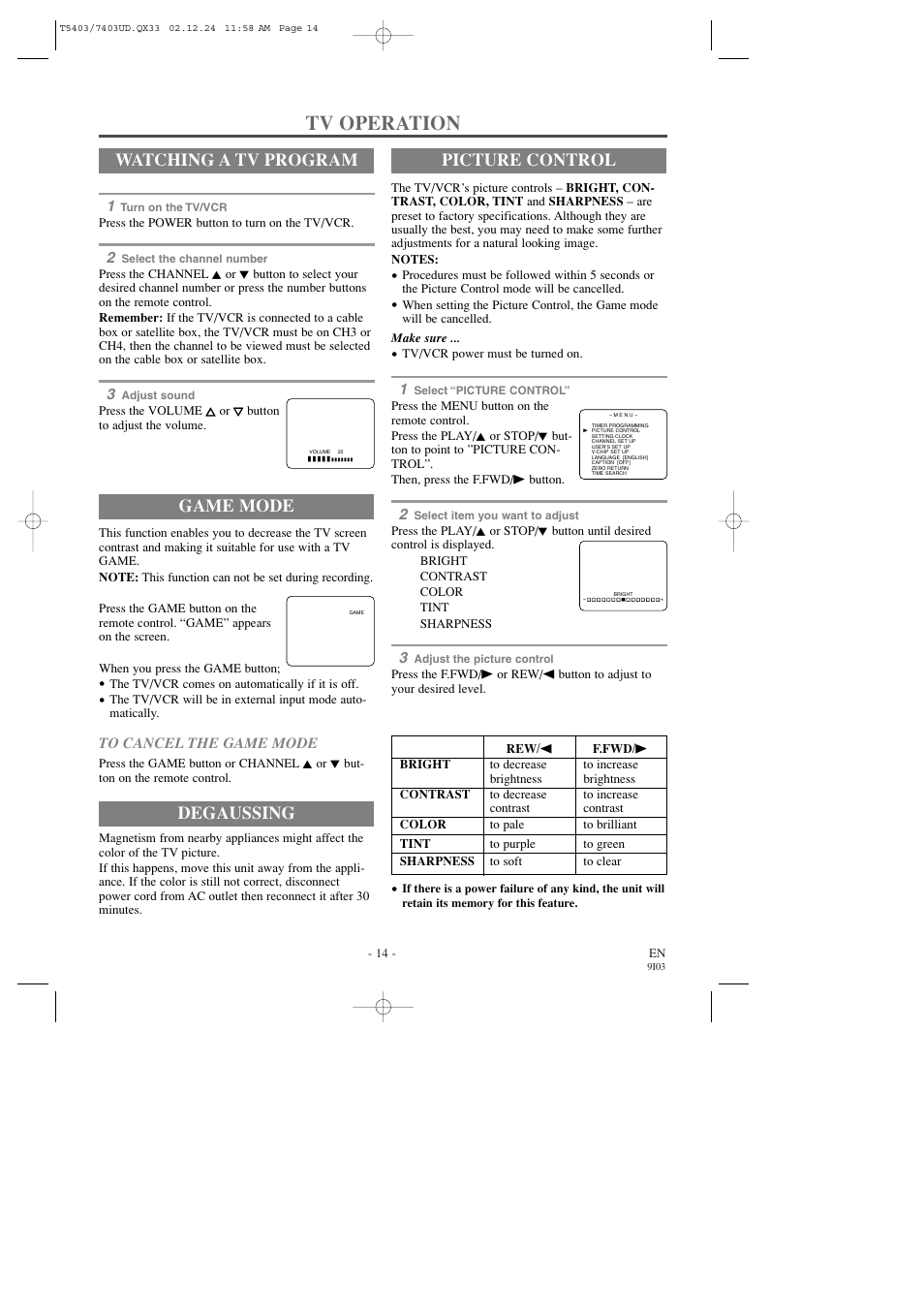 Tv operation, Watching a tv program, Game mode | Picture control, Degaussing | Symphonic SC1303 User Manual | Page 14 / 32