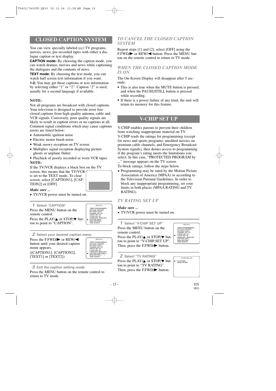 Closed caption system, V-chip set up | Symphonic SC1303 User Manual | Page 15 / 32