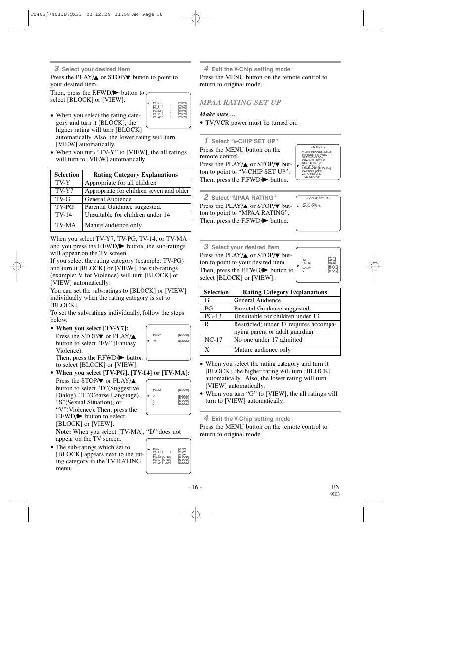 Mpaa rating set up, 16 - en, Make sure | Tv/vcr power must be turned on | Symphonic SC1303 User Manual | Page 16 / 32