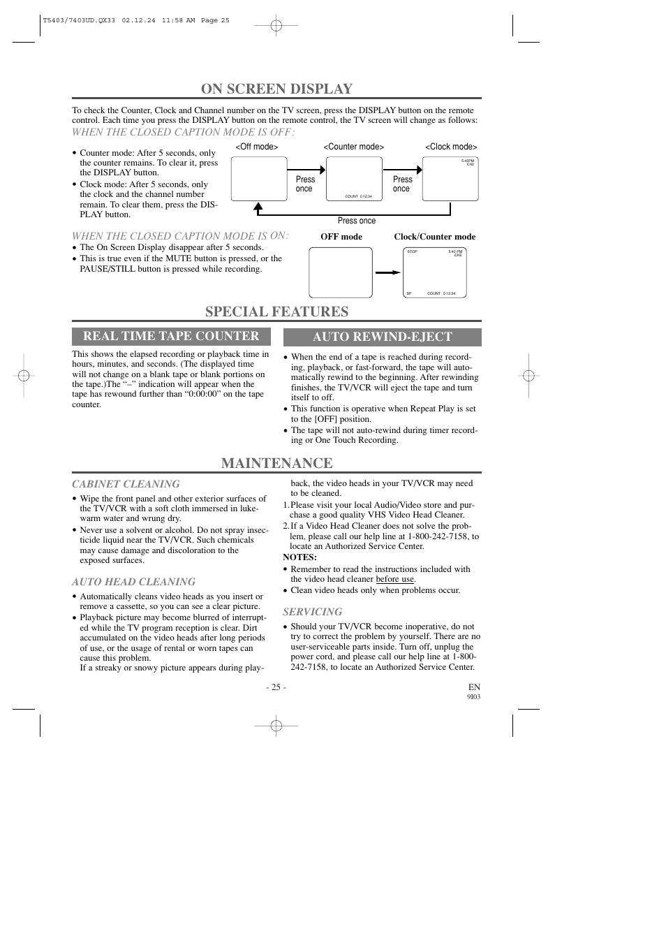 Maintenance, On screen display, Special features | Real time tape counter, Auto rewind-eject | Symphonic SC1303 User Manual | Page 25 / 32