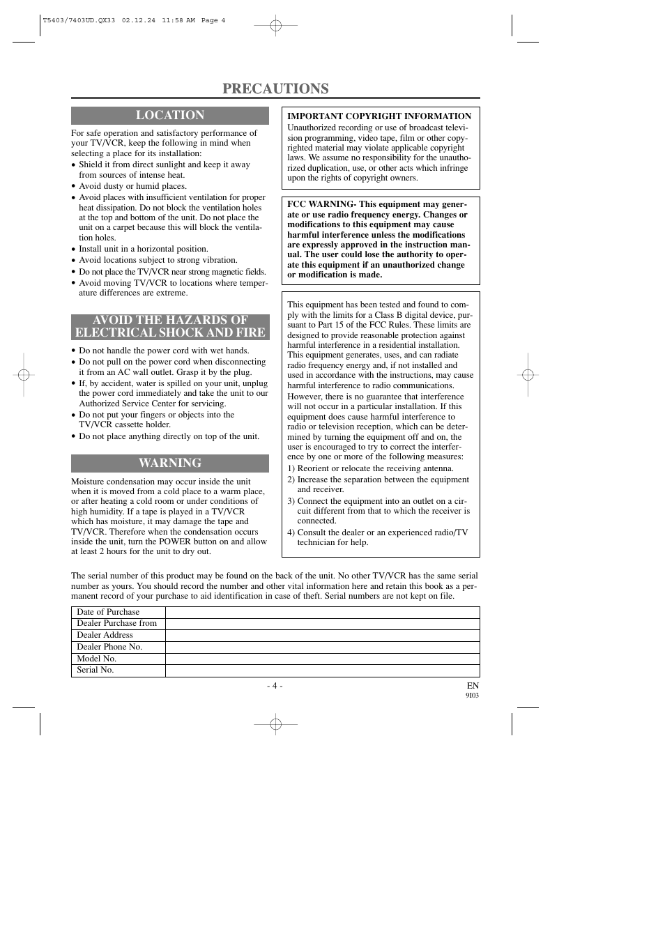 Precautions | Symphonic SC1303 User Manual | Page 4 / 32