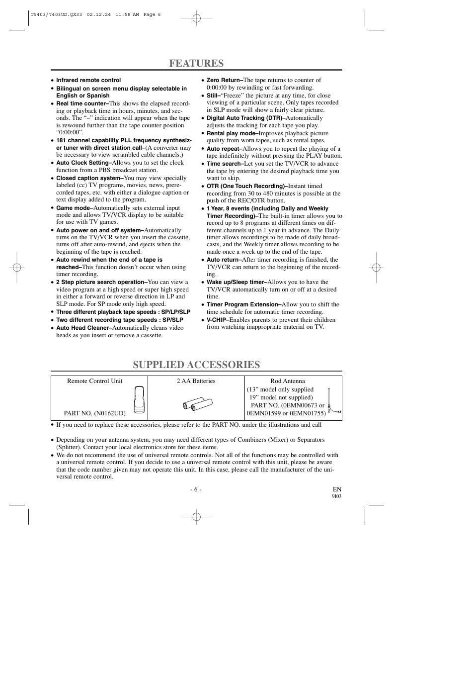 Features, Supplied accessories | Symphonic SC1303 User Manual | Page 6 / 32