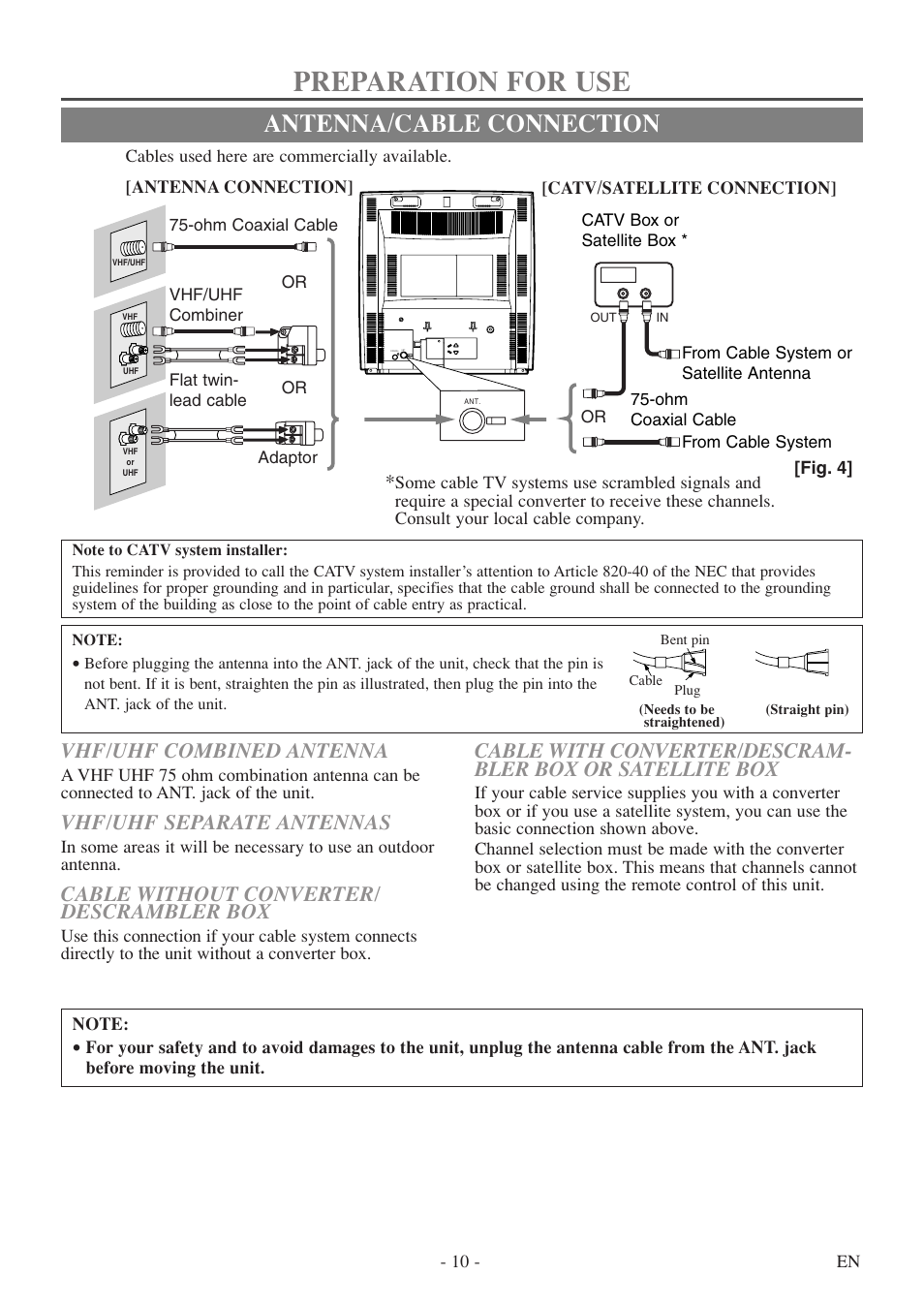 Preparation for use, Antenna/cable connection, Vhf/uhf combined antenna | Vhf/uhf separate antennas, Cable without converter/ descrambler box | Symphonic SC513DF User Manual | Page 10 / 40