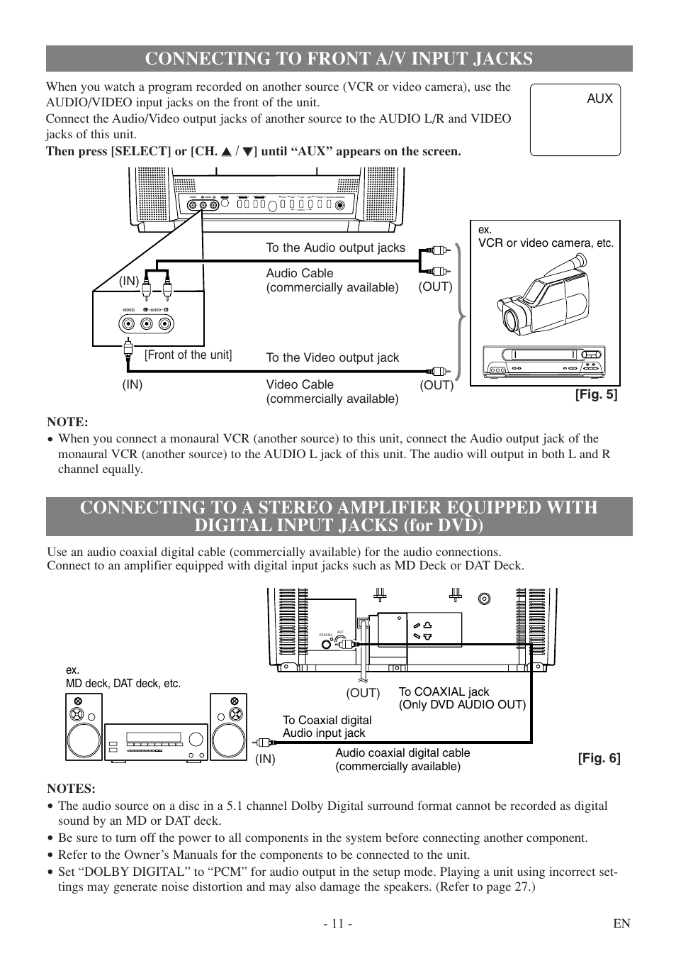 Connecting to front a/v input jacks, 11 - en, Fig. 5 | Fig. 6, Front of the unit, Out) (in) (out) (in) (out) (in), Ex. vcr or video camera, etc | Symphonic SC513DF User Manual | Page 11 / 40