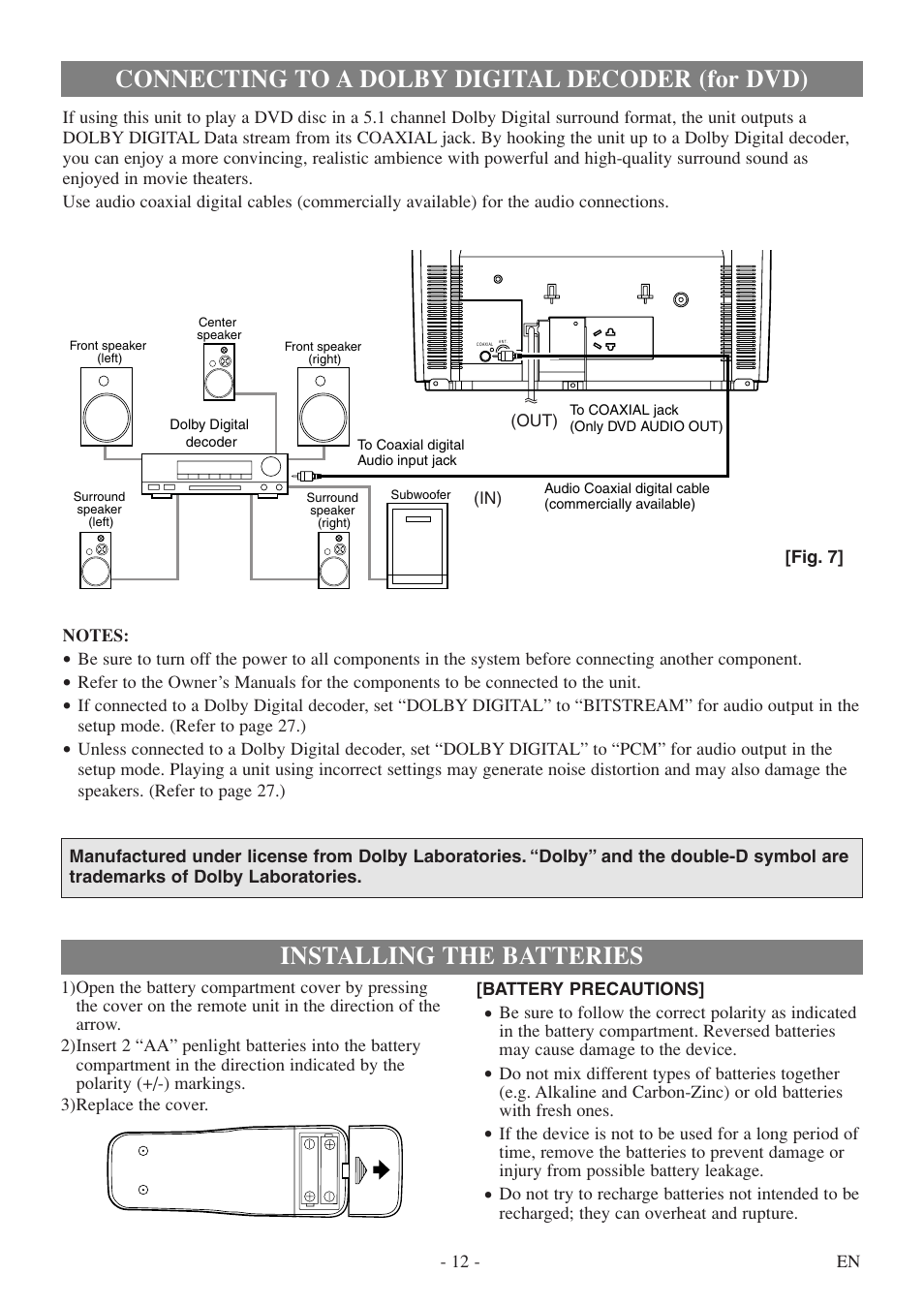 Connecting to a dolby digital decoder (for dvd), Installing the batteries | Symphonic SC513DF User Manual | Page 12 / 40