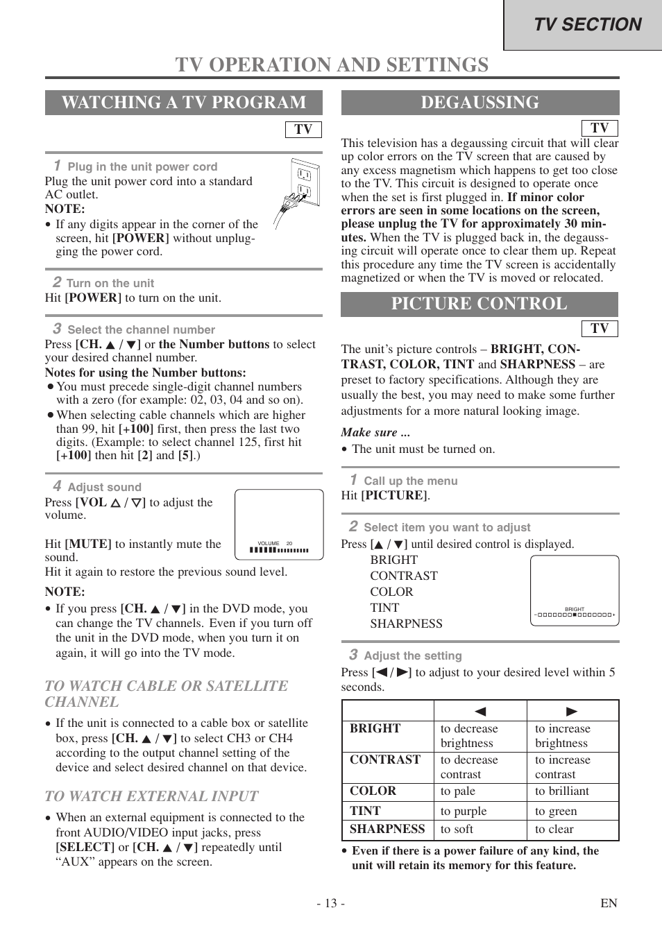 Tv operation and settings, Degaussing, Watching a tv program | Picture control | Symphonic SC513DF User Manual | Page 13 / 40