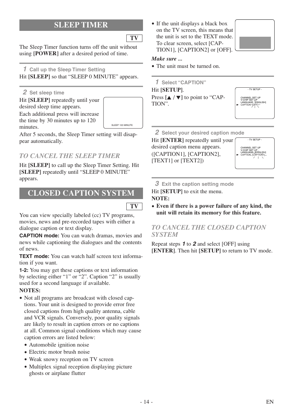 Closed caption system, Sleep timer | Symphonic SC513DF User Manual | Page 14 / 40