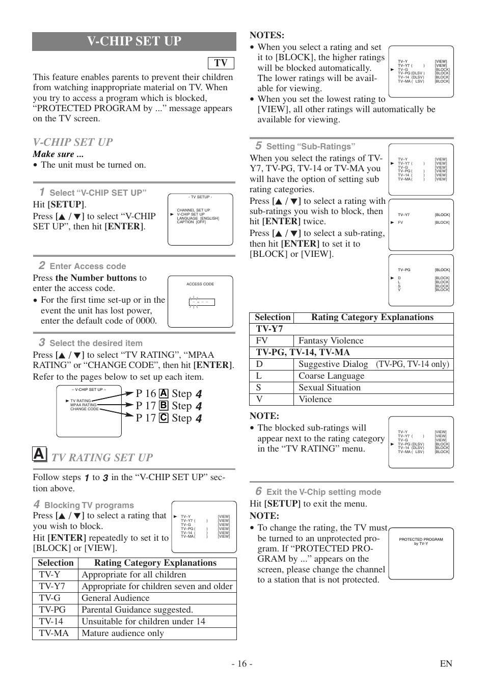 V-chip set up, Tv rating set up, Make sure | The unit must be turned on, Press the number buttons to enter the access code, A b c | Symphonic SC513DF User Manual | Page 16 / 40