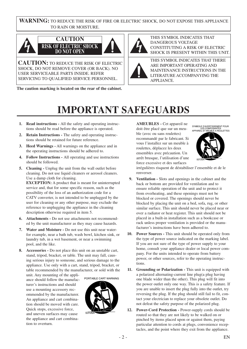 Important safeguards, Caution, Caution risk of electric shock do not open | Warning | Symphonic SC513DF User Manual | Page 2 / 40