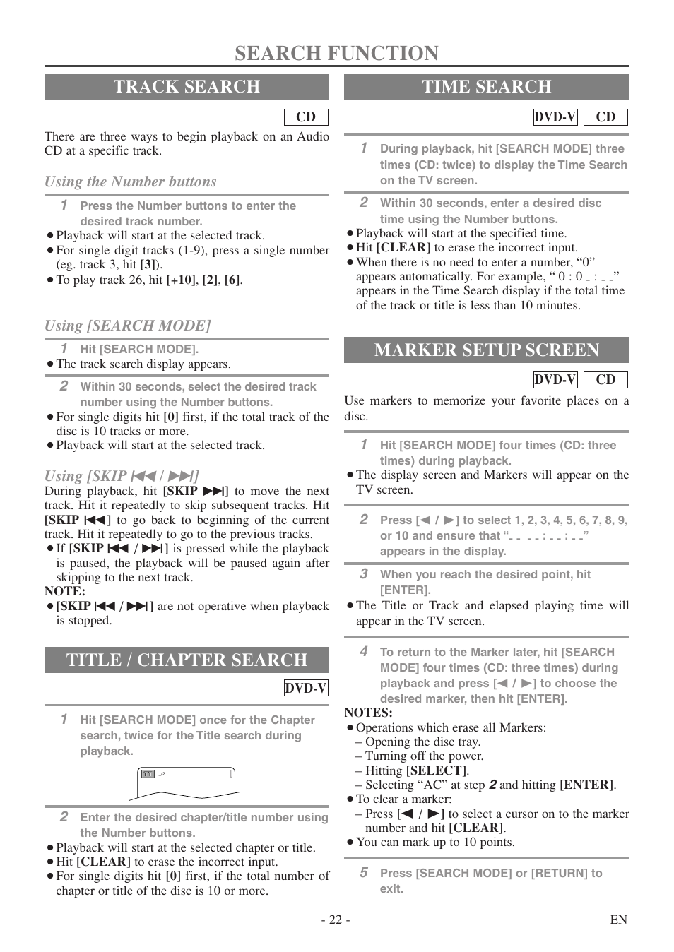 Search function, Track search, Title / chapter search | Time search, Marker setup screen, Using the number buttons, Using [search mode, Using [skip h / g | Symphonic SC513DF User Manual | Page 22 / 40