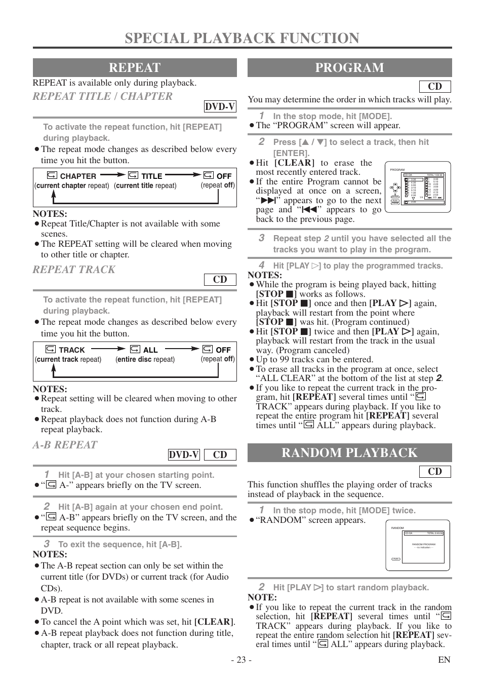 Special playback function, Repeat, Program | Random playback, Repeat title / chapter, Repeat track, A-b repeat, Dvd-v, Cd dvd-v | Symphonic SC513DF User Manual | Page 23 / 40