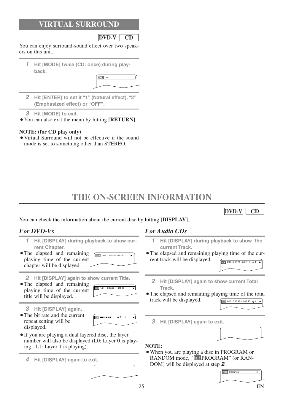 The on-screen information, Virtual surround, For dvd-vs | For audio cds, Cd dvd-v | Symphonic SC513DF User Manual | Page 25 / 40