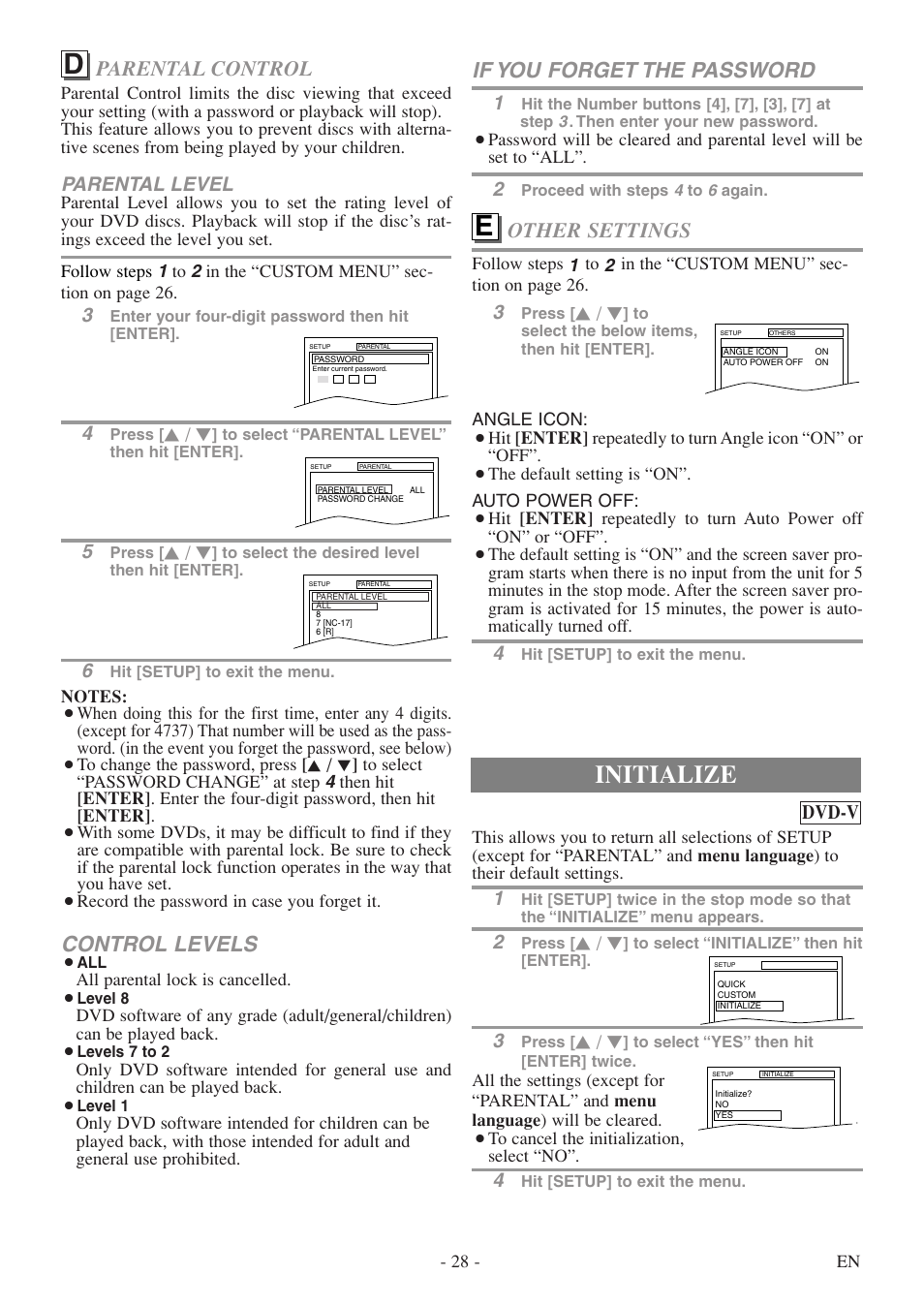 Initialize, Control levels, Parental control | If you forget the password, Other settings, Parental level, Dvd-v | Symphonic SC513DF User Manual | Page 28 / 40