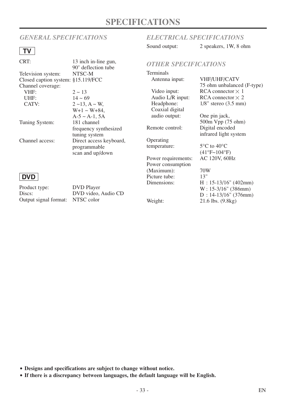 Specifications | Symphonic SC513DF User Manual | Page 33 / 40