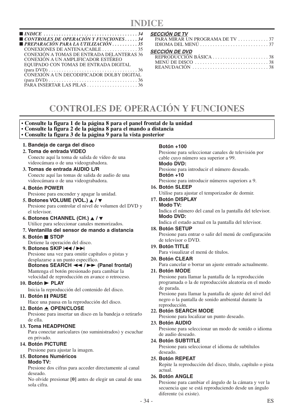 Indice, Controles de operación y funciones | Symphonic SC513DF User Manual | Page 34 / 40