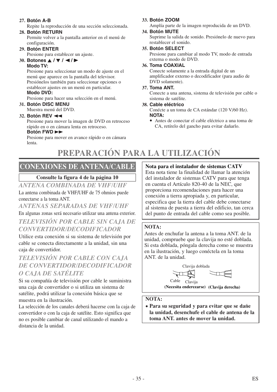 Preparación para la utilización, Conexiones de antena/cable, Antena combinada de vhf/uhf | Antenas separadas de vhf/uhf | Symphonic SC513DF User Manual | Page 35 / 40