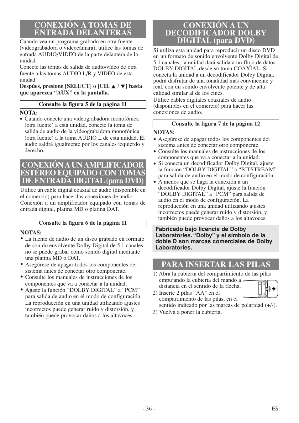 Conexión a tomas de entrada delanteras | Symphonic SC513DF User Manual | Page 36 / 40