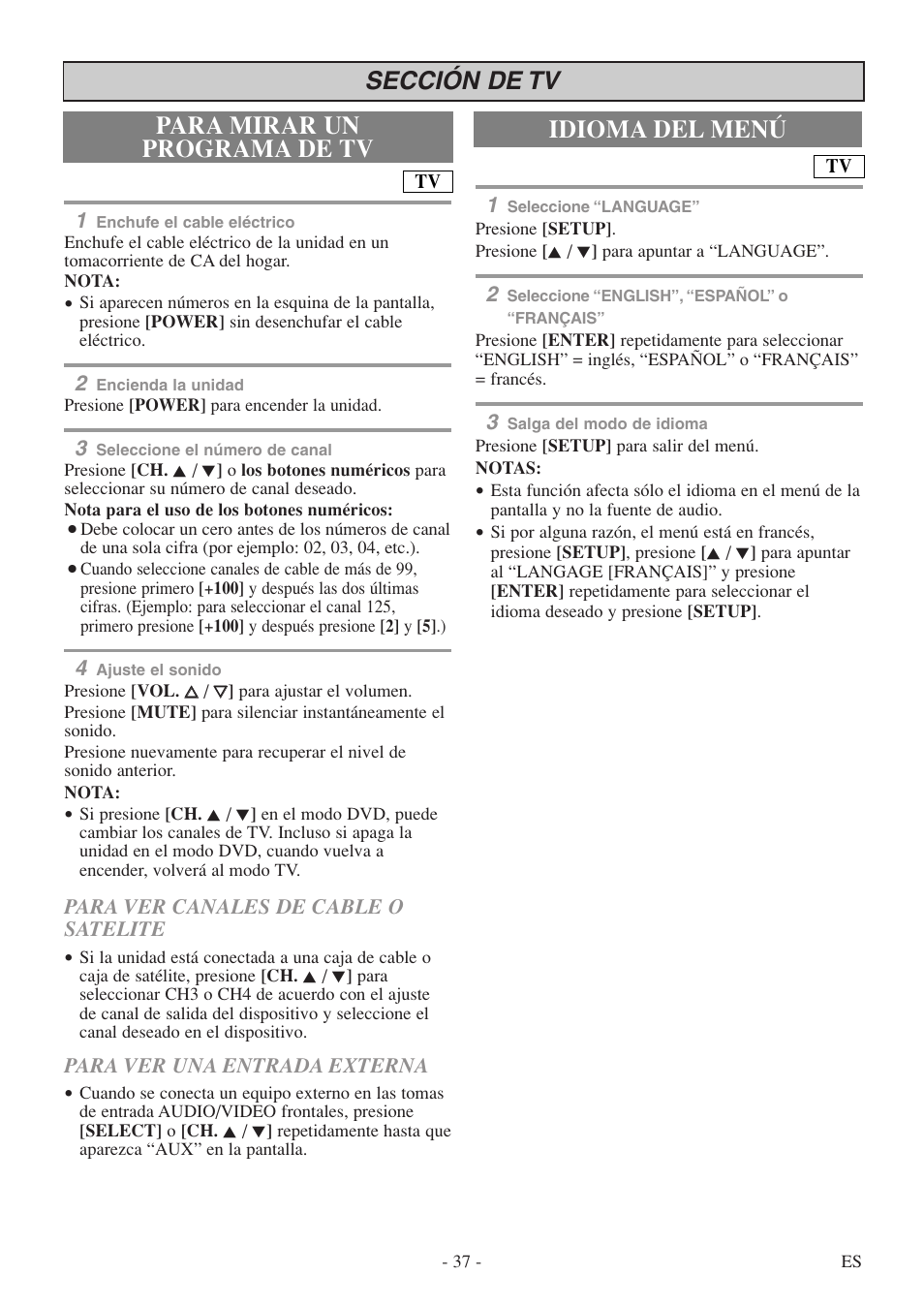 Idioma del menú, Sección de tv para mirar un programa de tv | Symphonic SC513DF User Manual | Page 37 / 40