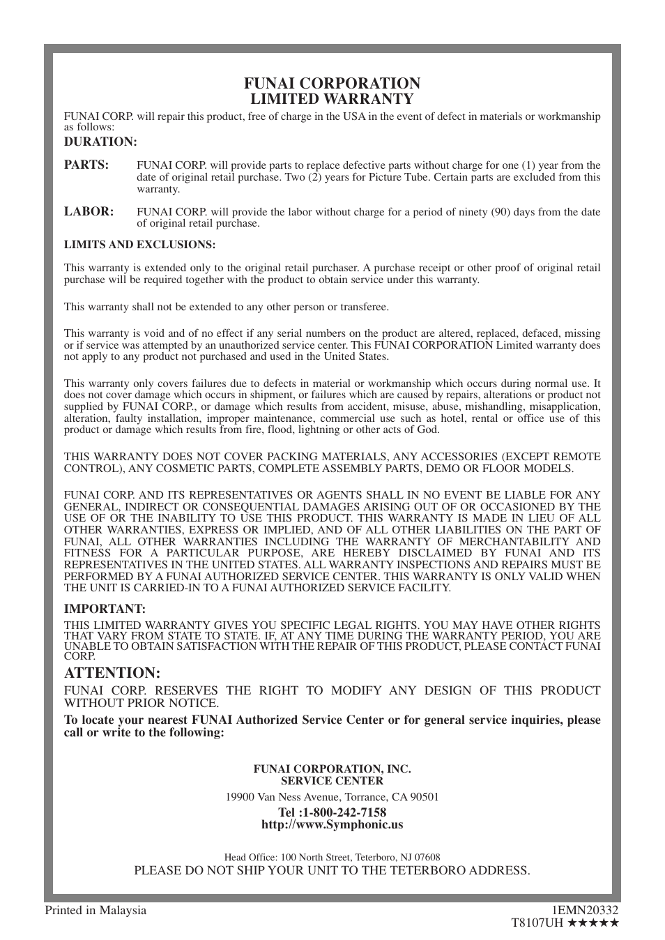 Funai corporation, Limited warranty, Attention | Symphonic SC513DF User Manual | Page 40 / 40