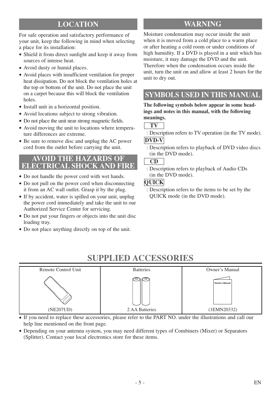 Supplied accessories, Warning, Symbols used in this manual | Symphonic SC513DF User Manual | Page 5 / 40