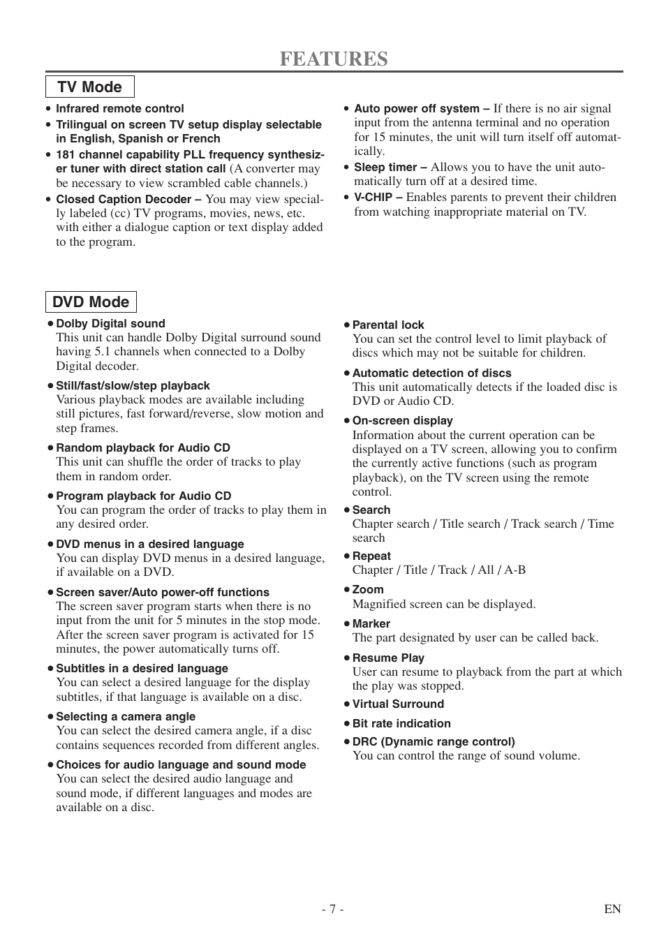 Features, Tv mode, Dvd mode | Symphonic SC513DF User Manual | Page 7 / 40