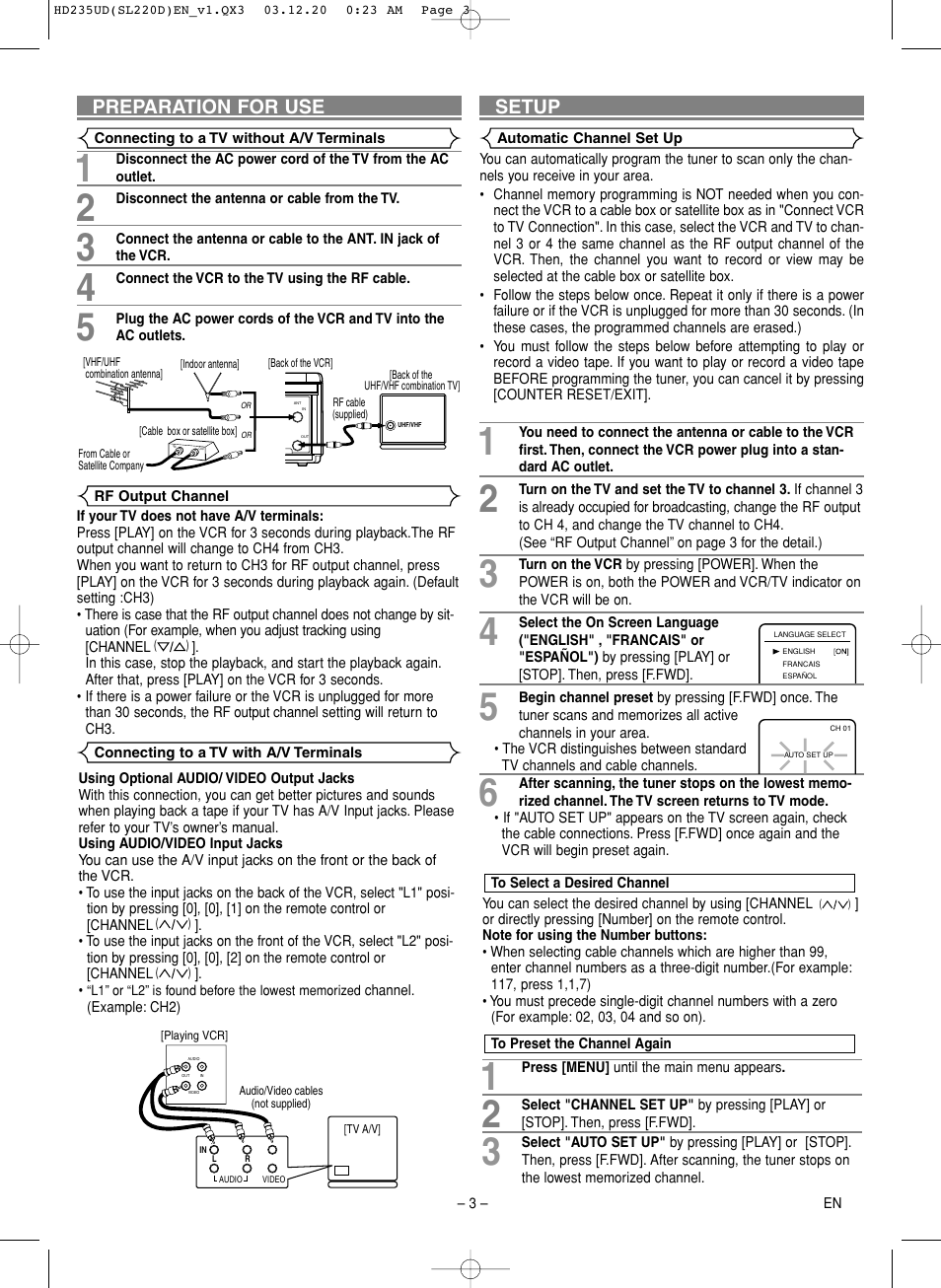 Setup, Preparation for use | Symphonic SL220D User Manual | Page 3 / 8