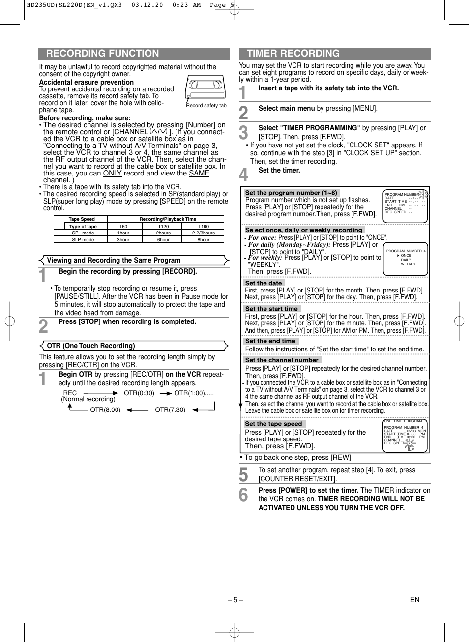 Recording function, Timer recording | Symphonic SL220D User Manual | Page 5 / 8